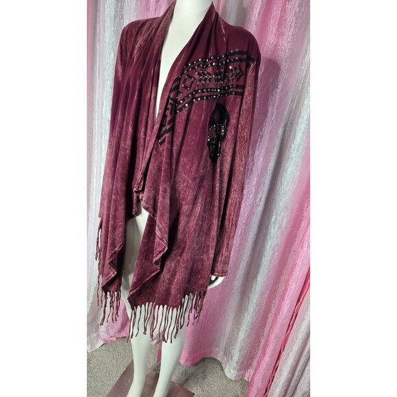 Vocal Skull Crystal Maroon Aztec Fringe Cotton Cardigan Jacket Size Medium - Picture 3 of 16